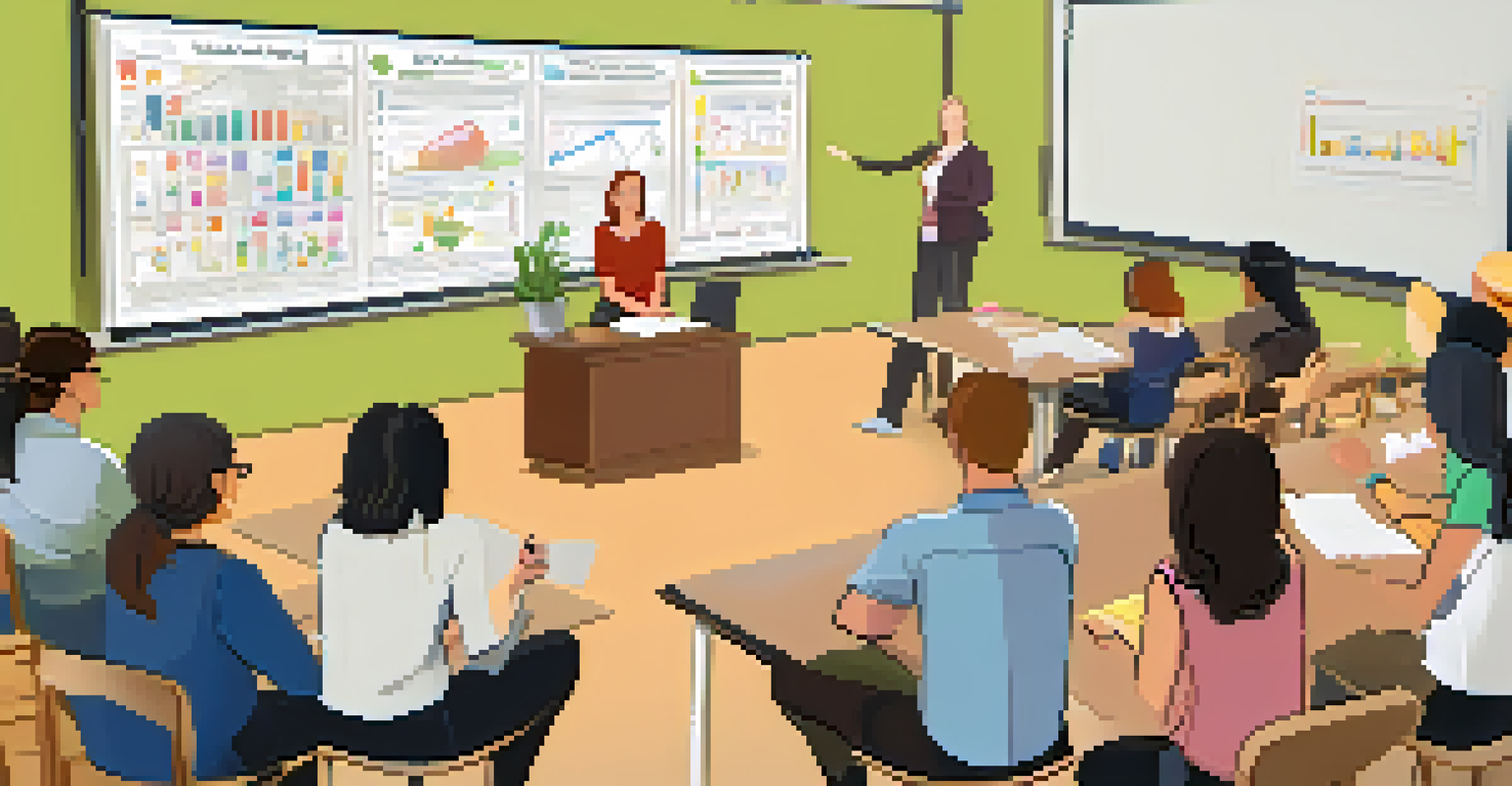 An educator conducting a workshop with teachers attentively participating, surrounded by educational materials.