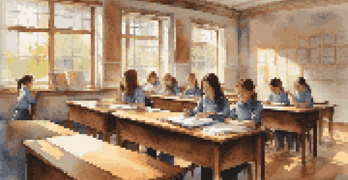 A calm classroom with a teacher practicing mindfulness at their desk, sunlight illuminating the space, and students quietly engaged in activities.