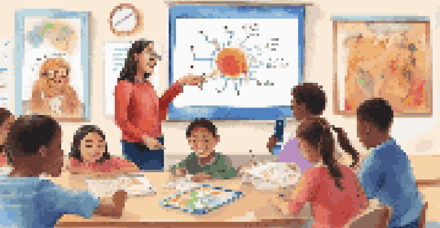 A teacher conducting a language lesson using a tablet, with engaged students in a modern classroom.