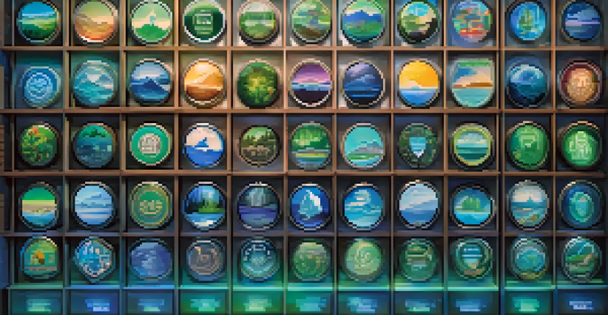 A virtual shelf filled with colorful open badges representing various skills and achievements, illuminated by soft lighting.