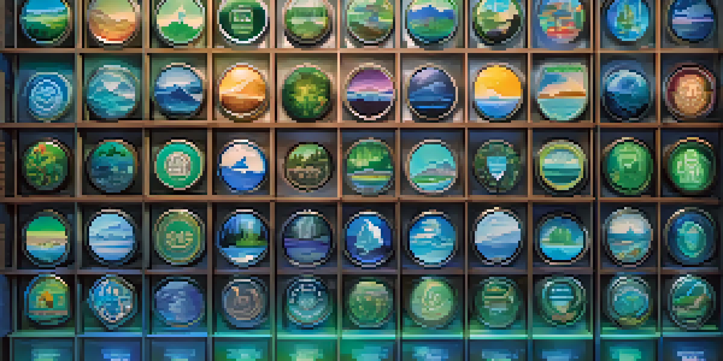 A virtual shelf filled with colorful open badges representing various skills and achievements, illuminated by soft lighting.