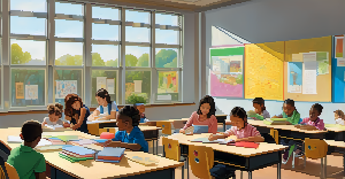 A bright classroom with teachers of various backgrounds working together at a table surrounded by educational materials, with student artwork on the walls and sunlight streaming in.