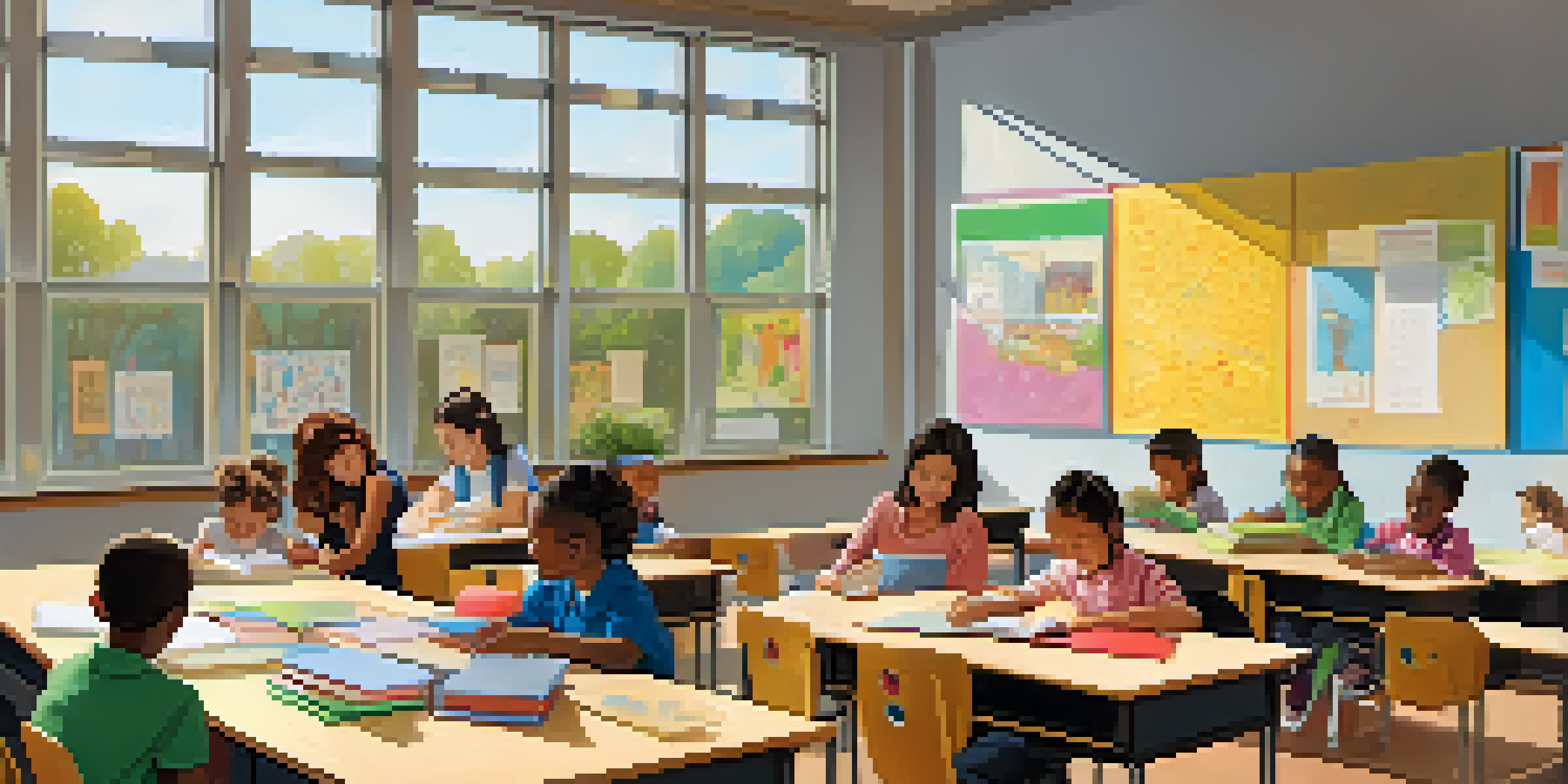 A bright classroom with teachers of various backgrounds working together at a table surrounded by educational materials, with student artwork on the walls and sunlight streaming in.