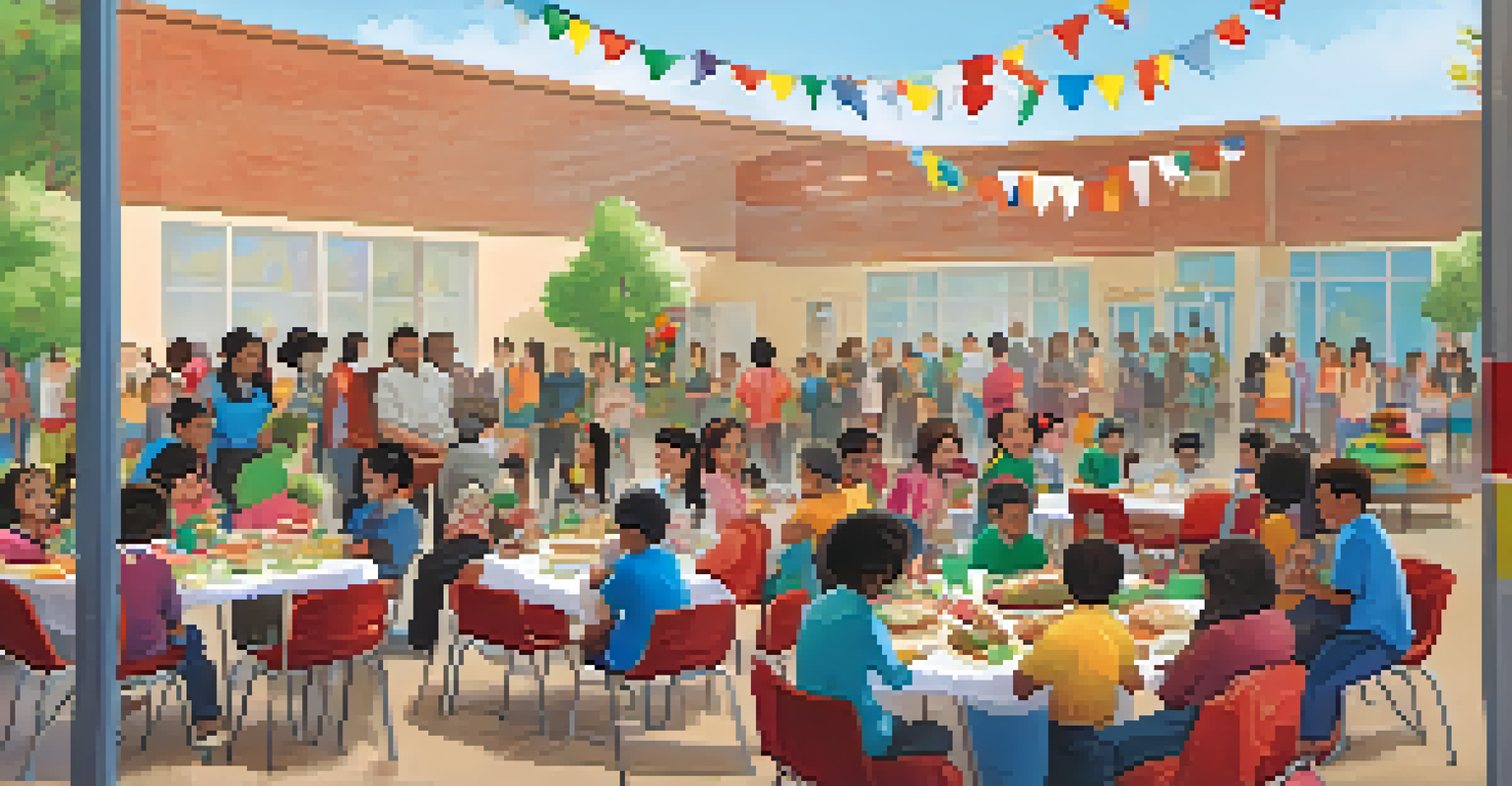 A community gathering at a school with parents, teachers, and students enjoying cultural discussions and food from various cultures.