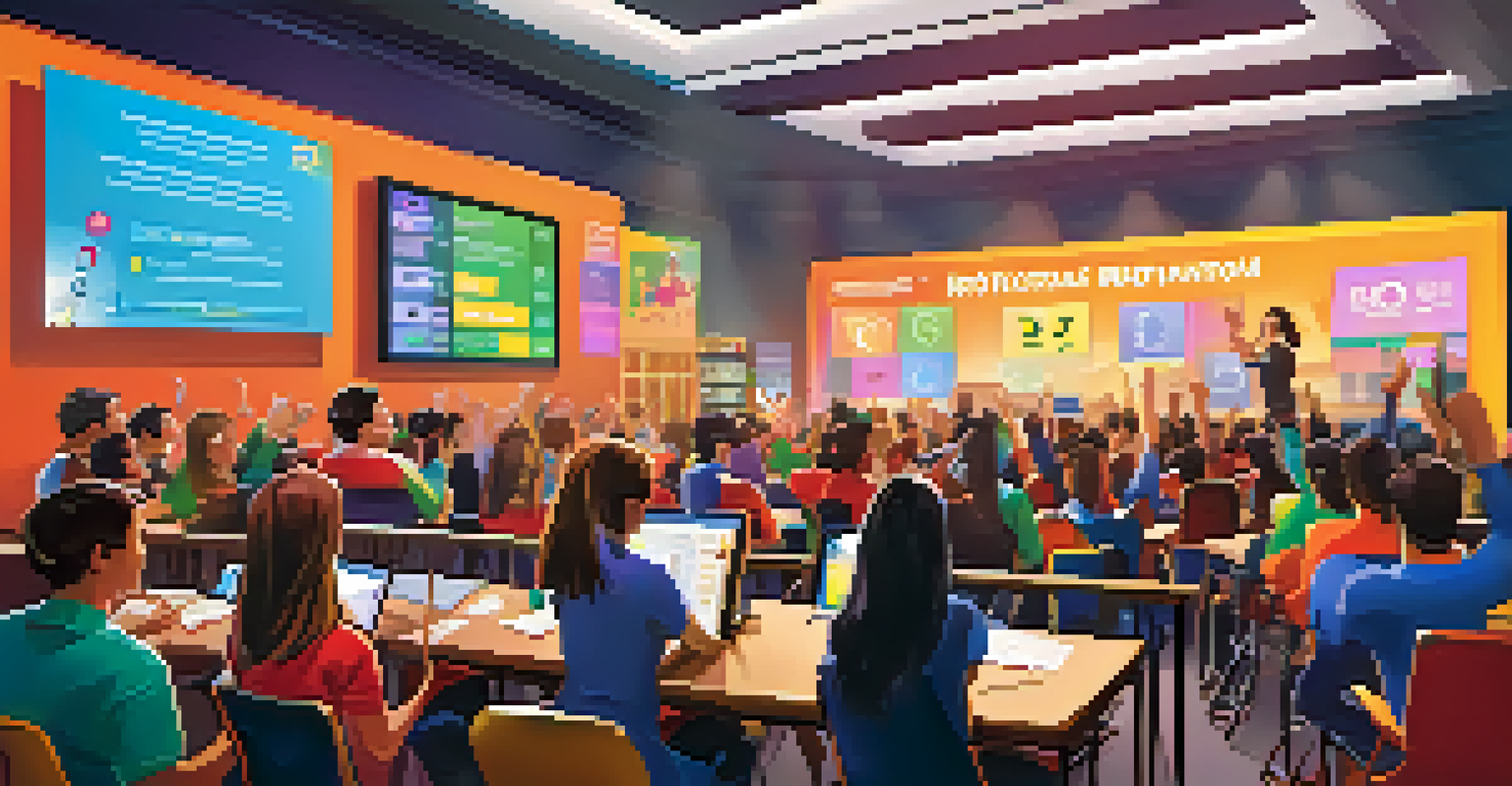 Students actively participating in a quiz game in a colorful and lively classroom environment.