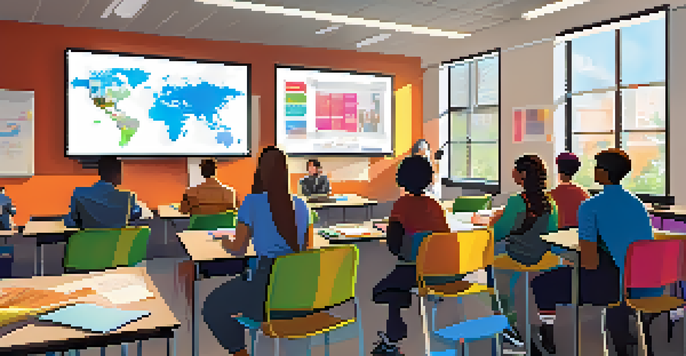 A diverse group of students in a classroom, participating in a cybersecurity workshop with a teacher presenting on a large screen.