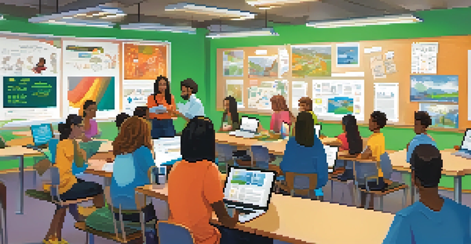 A lively classroom with students engaged in both in-person and online learning activities, surrounded by educational materials and bright lighting.