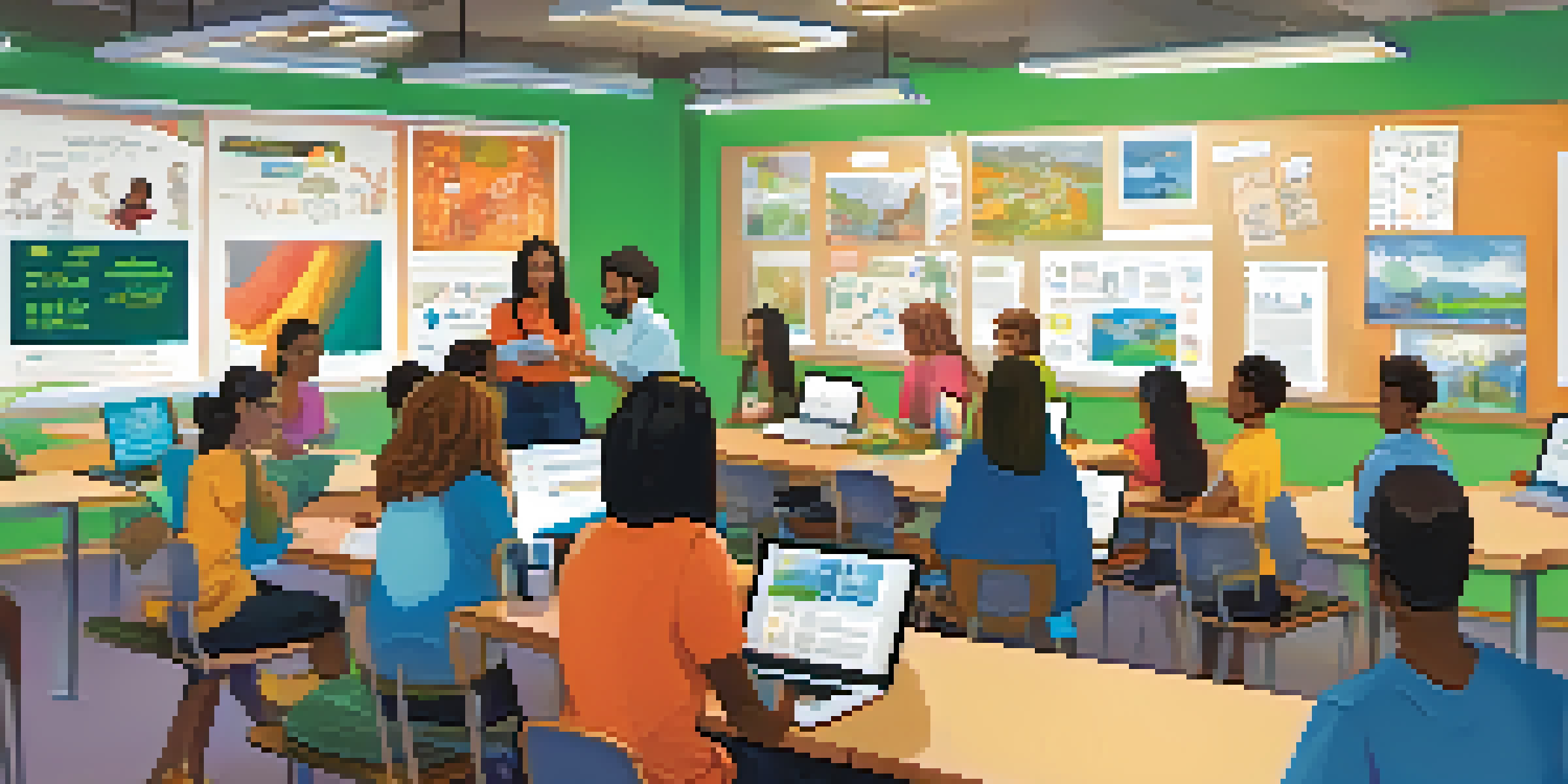 A lively classroom with students engaged in both in-person and online learning activities, surrounded by educational materials and bright lighting.
