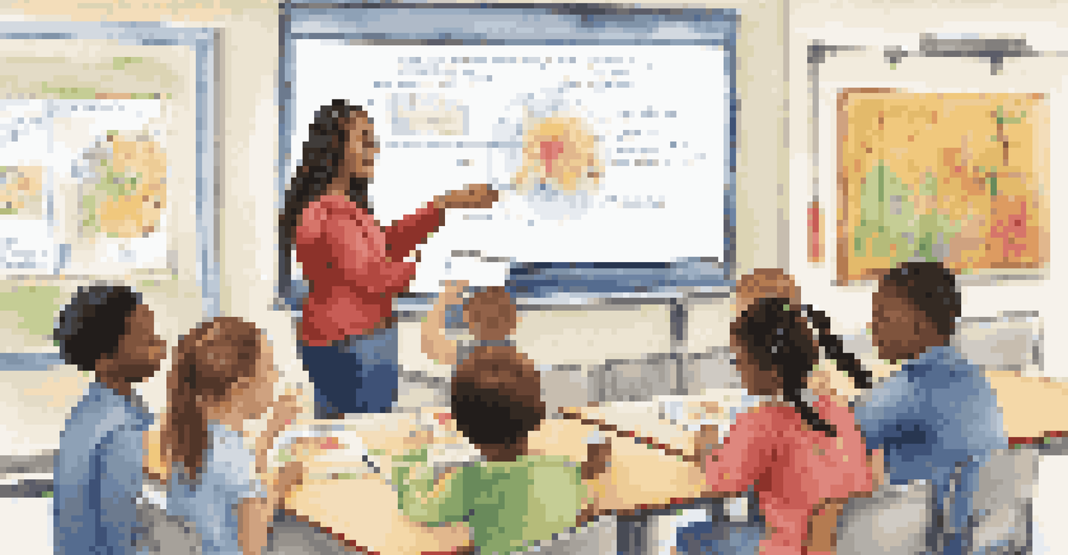 An educator facilitating personalized learning with students using technology in a vibrant classroom filled with activity.