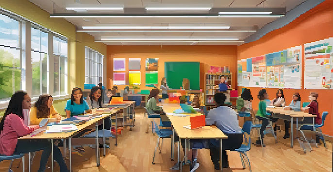 A group of diverse educators collaborating in a modern classroom workshop, surrounded by colorful learning materials and bright natural light.