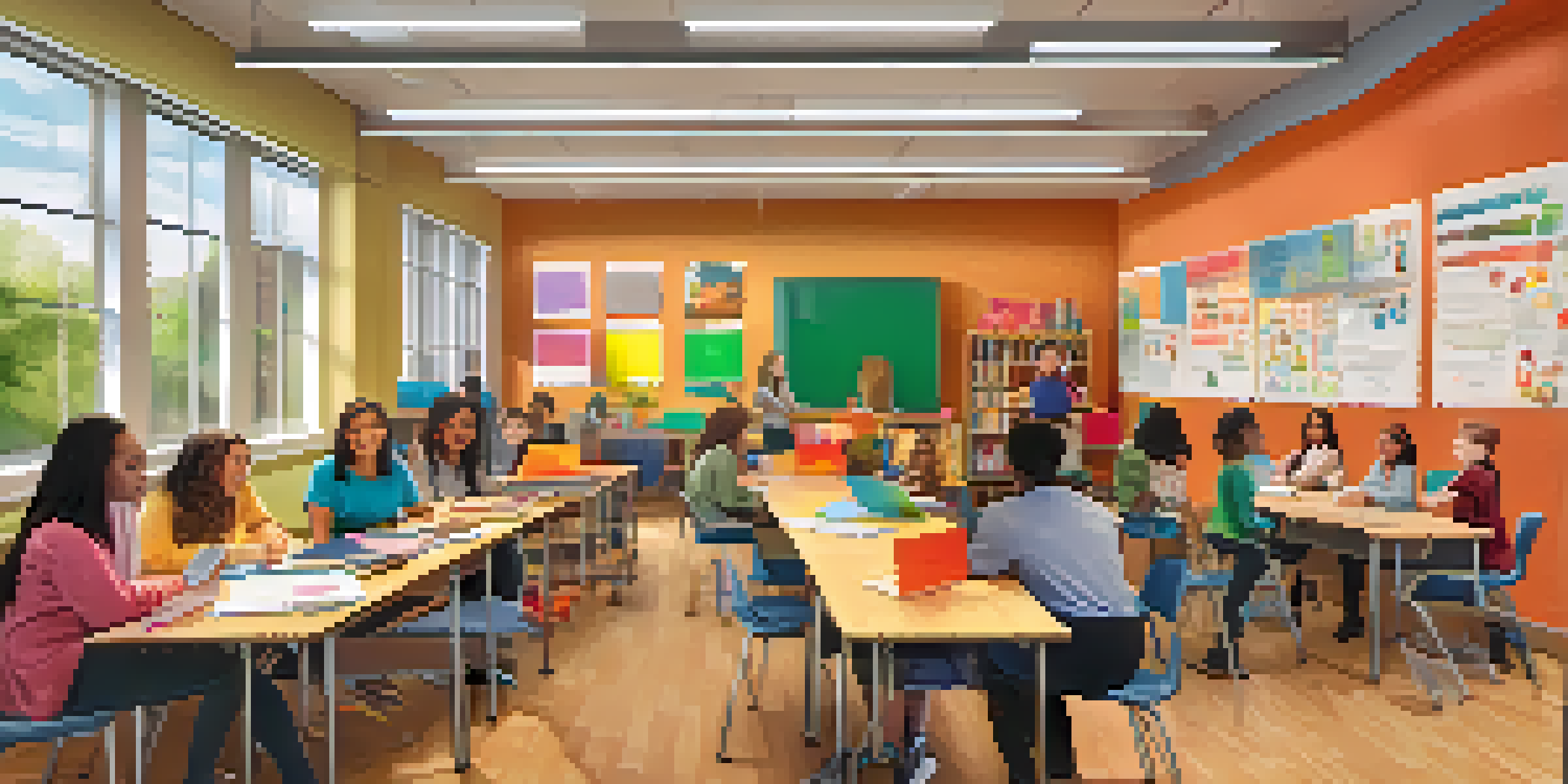 A group of diverse educators collaborating in a modern classroom workshop, surrounded by colorful learning materials and bright natural light.