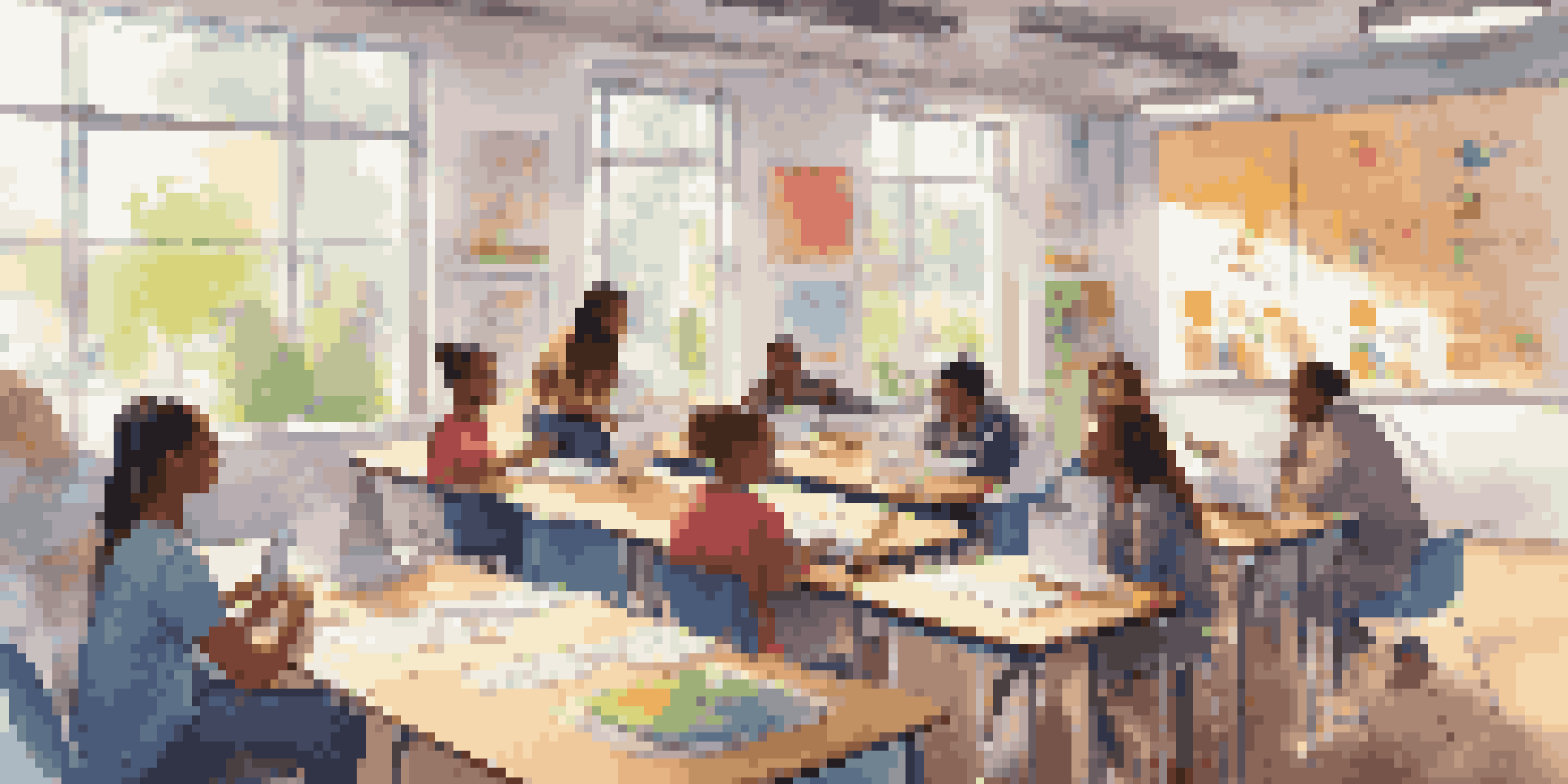 A diverse classroom filled with students using laptops and tablets while engaging in face-to-face discussions, emphasizing a blended learning environment.