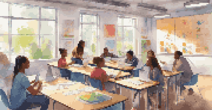 A diverse classroom filled with students using laptops and tablets while engaging in face-to-face discussions, emphasizing a blended learning environment.