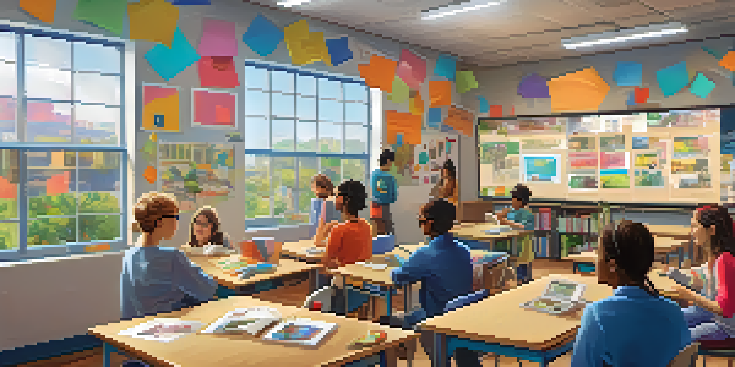 Students in a bright classroom using augmented reality glasses to interact with digital characters representing different emotions.