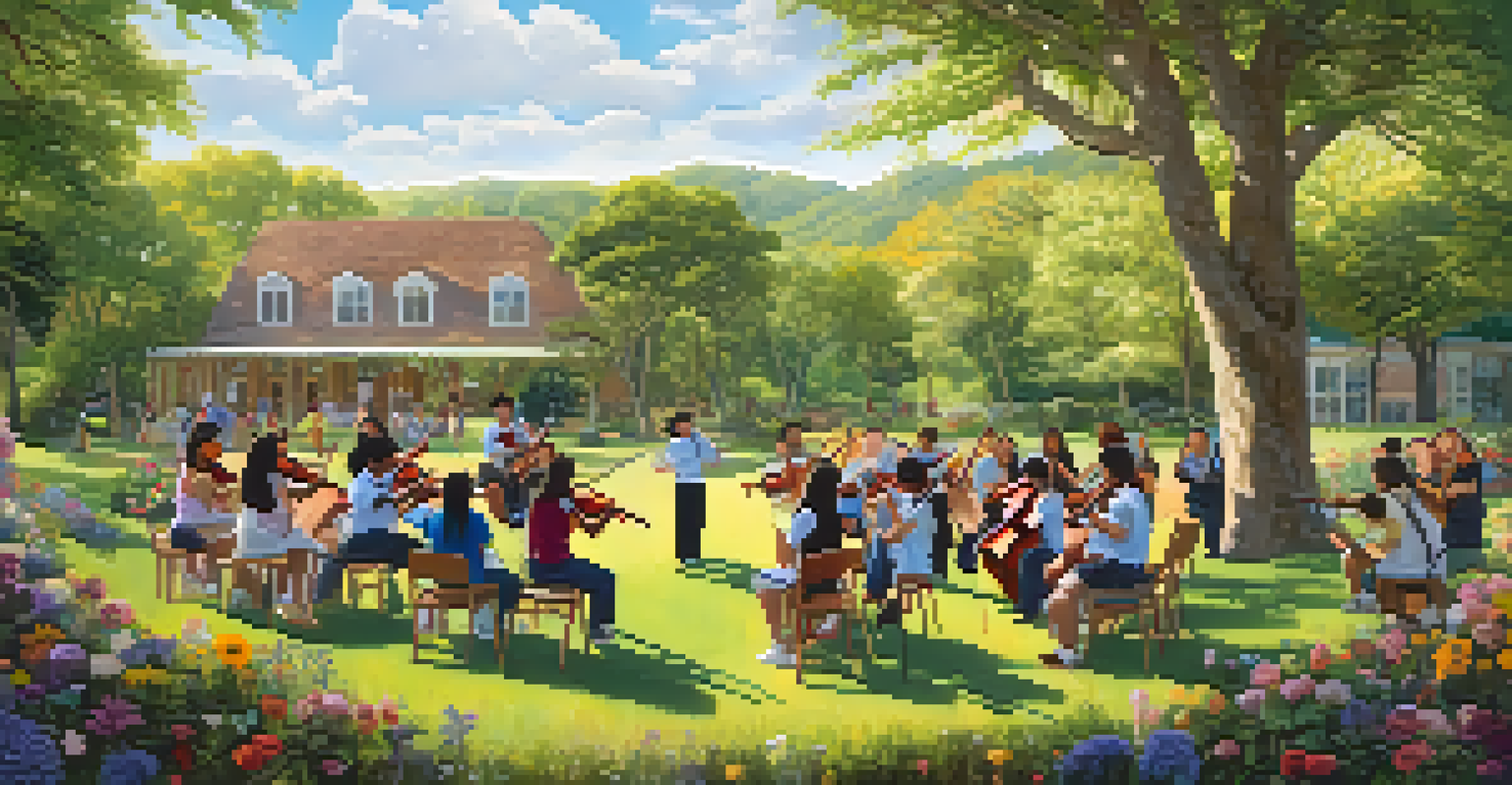 A diverse group of students playing music outdoors, surrounded by lush greenery and flowers.