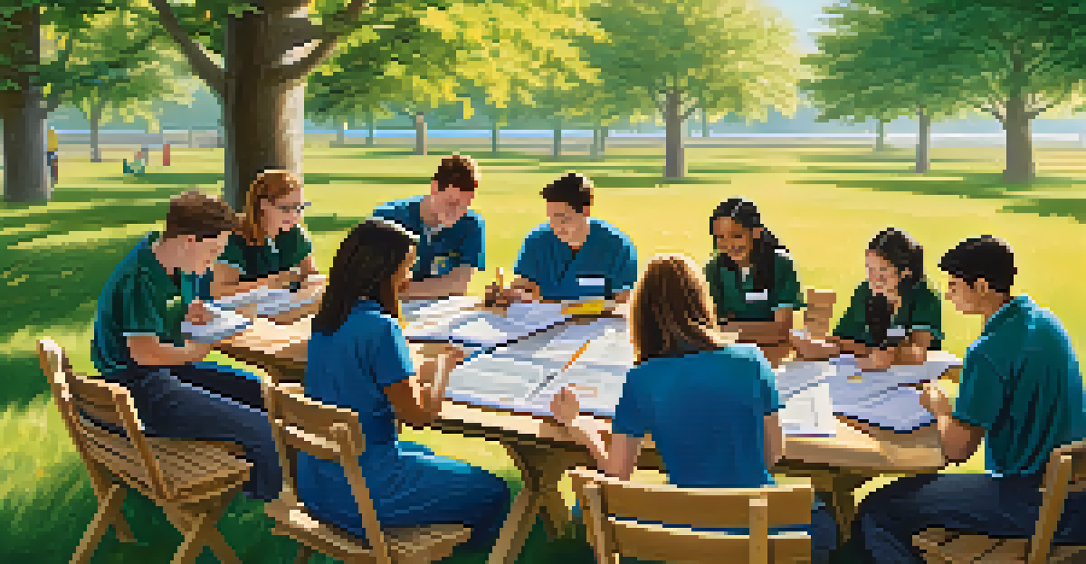 Healthcare students collaborating outdoors on a case study at a picnic table, surrounded by nature.