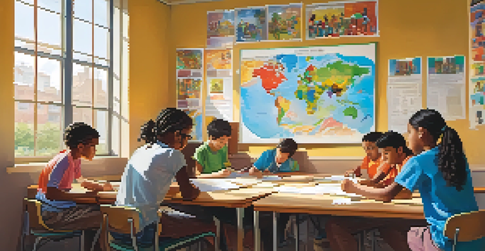 A classroom filled with students of different ethnicities working together on a project, emphasizing diversity and collaboration under natural sunlight.