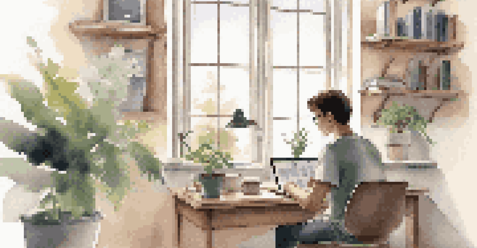 A cozy study space with a student working on a laptop, surrounded by notebooks and a plant, illuminated by soft natural light.