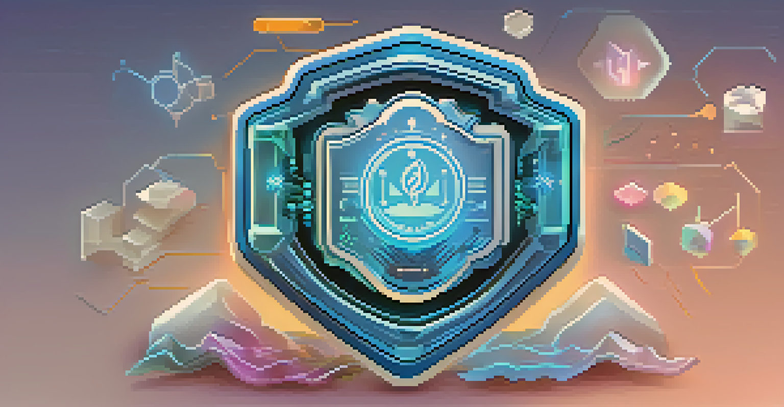 A beautifully designed digital badge symbolizing different skills, with icons for coding, art, and community service on a calming blue background.