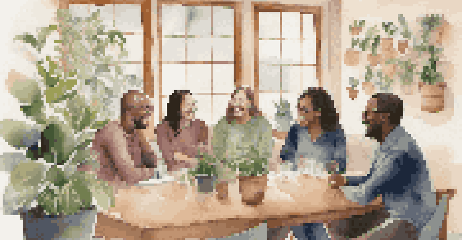 Educators in a warm meeting room sharing experiences and strategies for emotional growth, surrounded by plants and soft lighting.