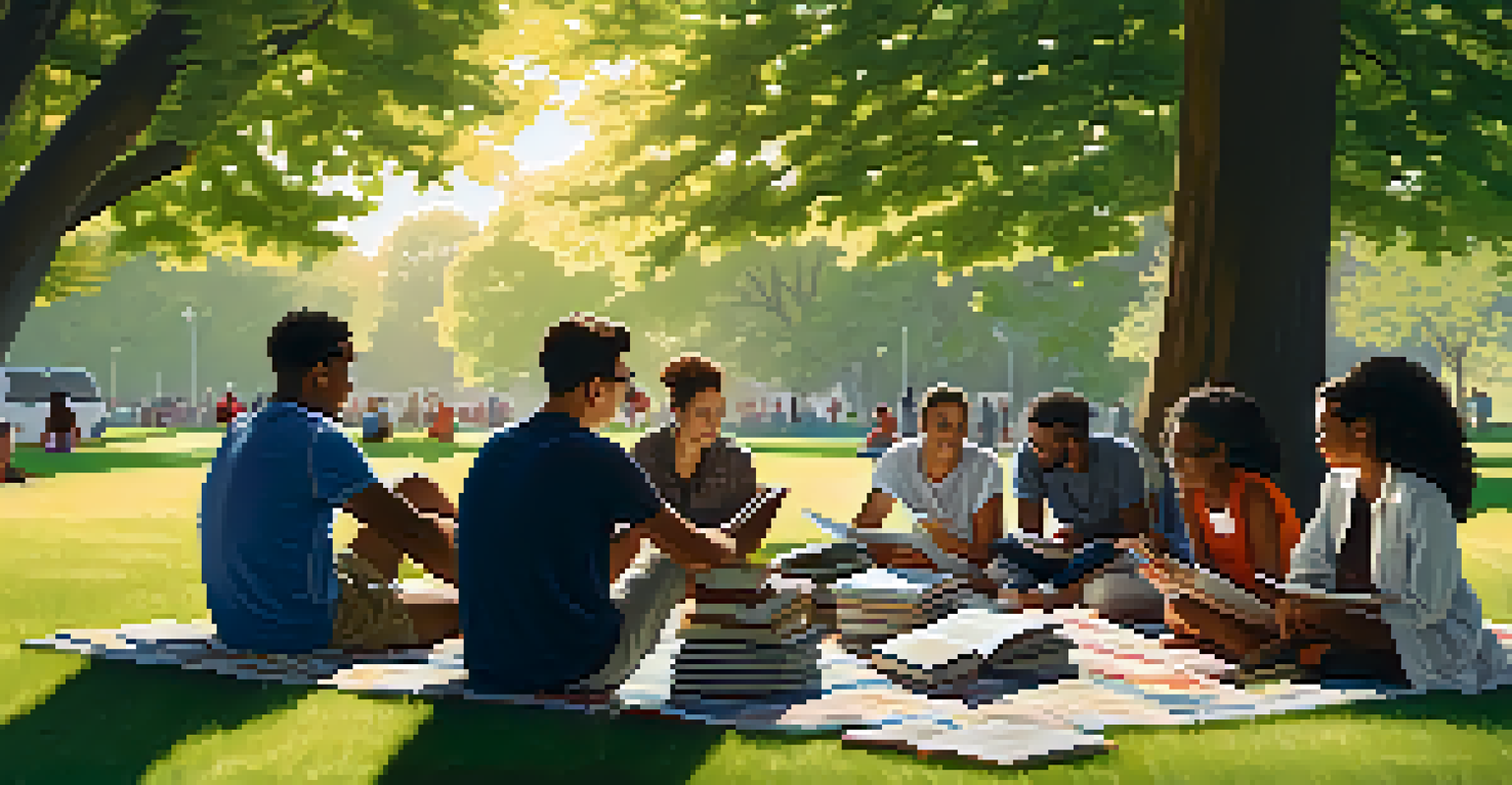 A diverse group of individuals studying together in a sunny park setting.