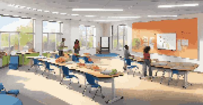 A bright, modern classroom with movable desks, colorful bean bags, and an interactive whiteboard, where diverse students are engaging in group discussions.
