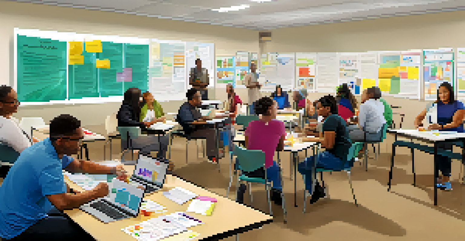 A workshop with diverse adult learners collaborating on problem-solving activities in a vibrant community center.