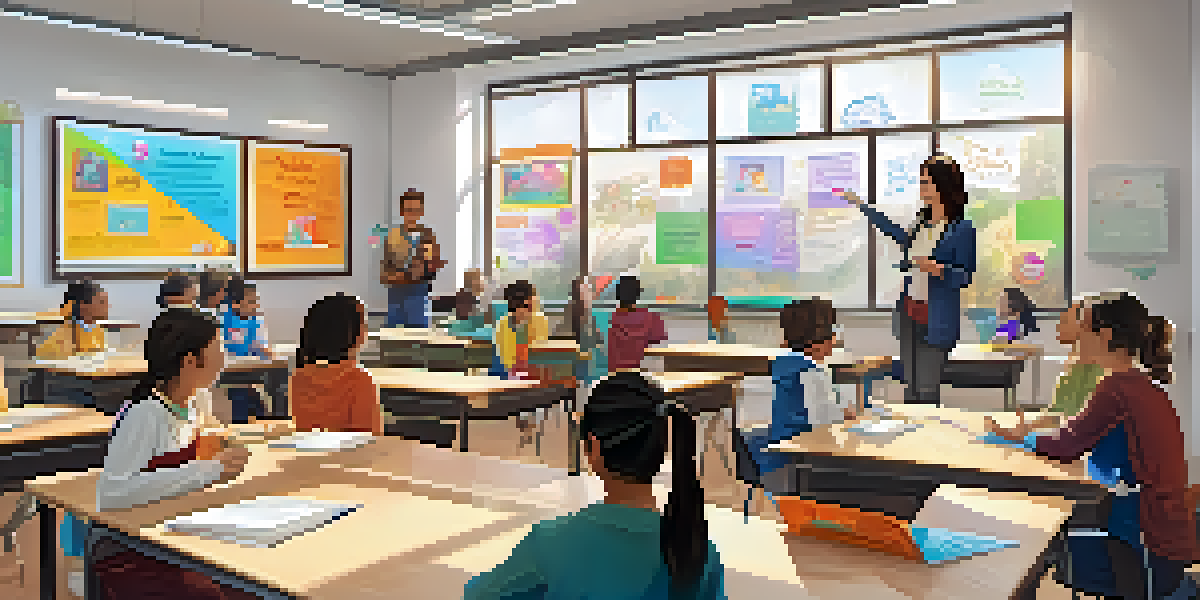 A bright and modern classroom where students are using tablets for learning, with a teacher providing guidance and colorful educational posters on the walls.