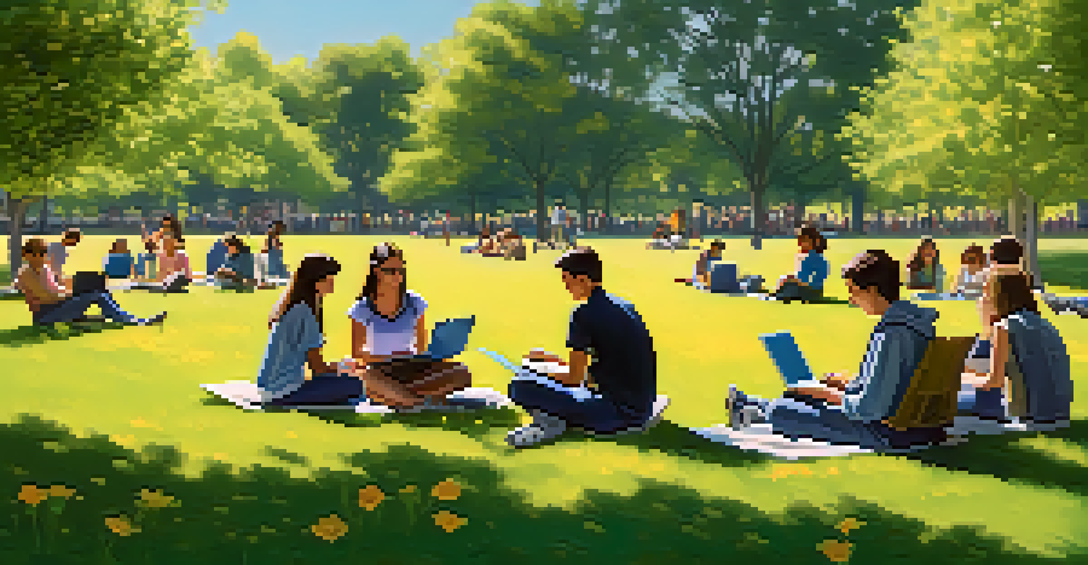 Students studying together outdoors in a park, surrounded by trees and blooming flowers.