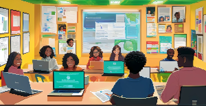 A diverse group of students actively participating in a virtual classroom discussion, surrounded by a bright and colorful environment.