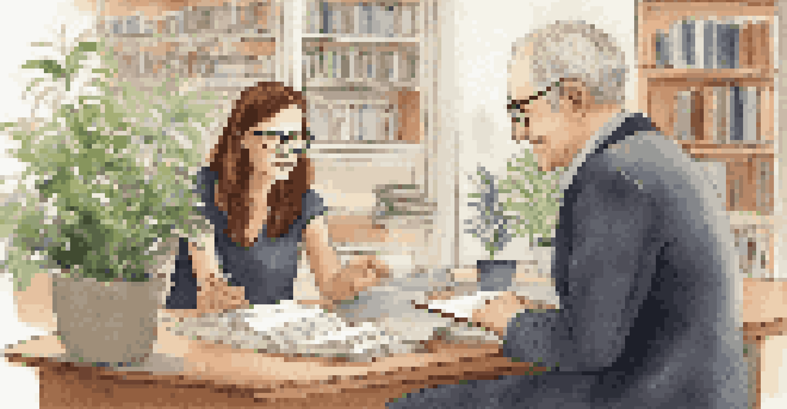 An experienced mentor sharing insights with a new teacher in a cozy school office, with bookshelves and a plant in the background.