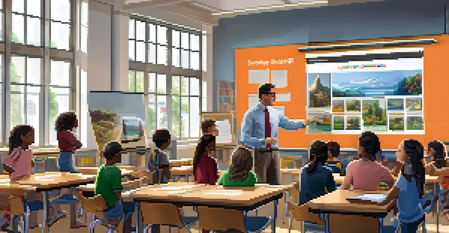 An educator assisting students with personalized learning using augmented reality, with a large AR display and a well-organized classroom.