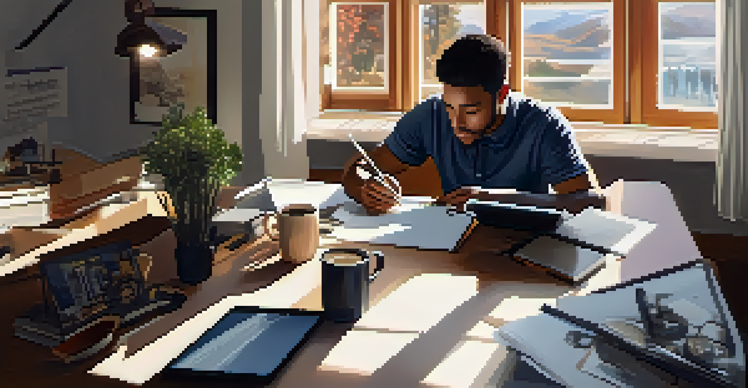 A person creating a digital portfolio on a tablet at a desk filled with art supplies and a coffee cup.