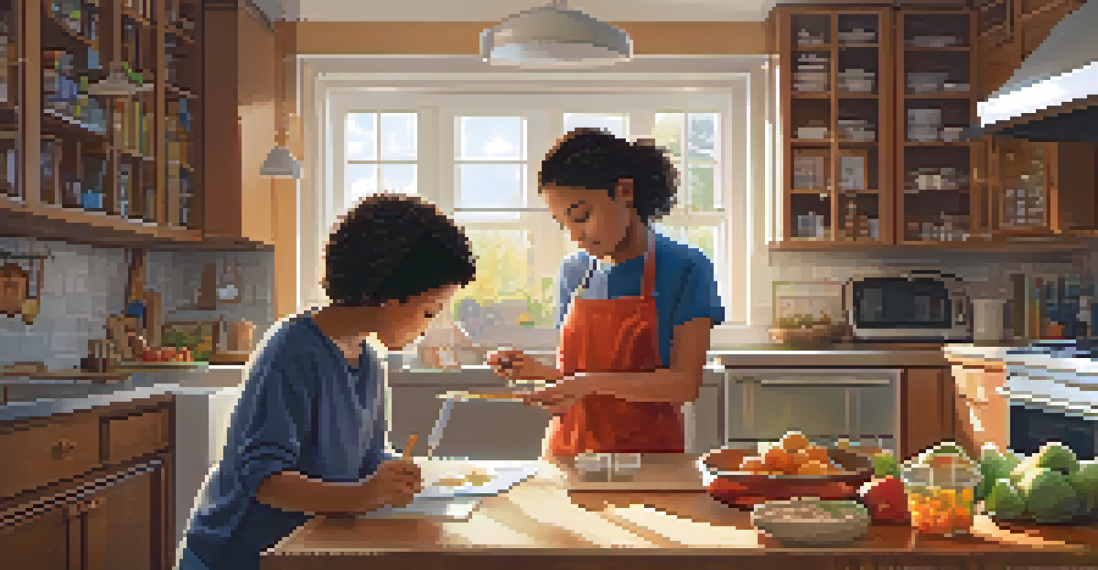 A parent and child cooking together in a bright kitchen, measuring ingredients and engaging in math activities.