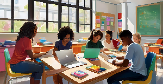 A diverse group of students working together in a modern classroom, discussing a project with various materials on the table.