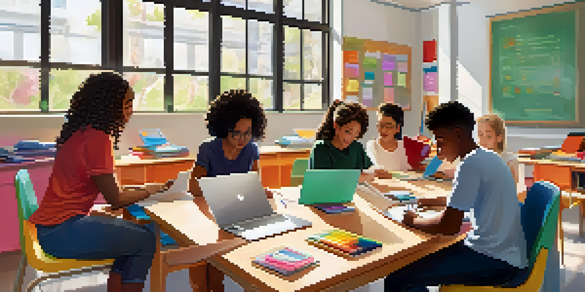 A diverse group of students working together in a modern classroom, discussing a project with various materials on the table.