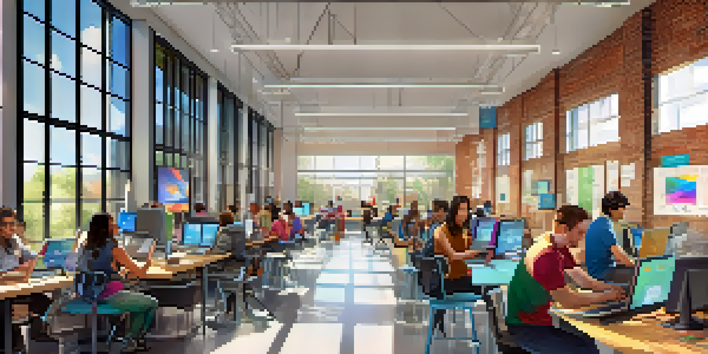 A community tech hub showing people of different ages learning digital skills together in a bright and colorful environment.