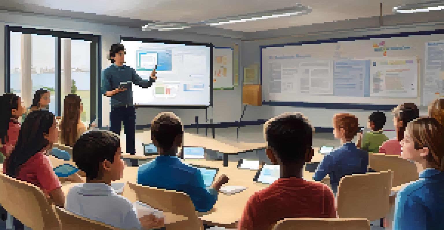 A student presenting their project on a digital tablet to curious classmates in a modern classroom environment.