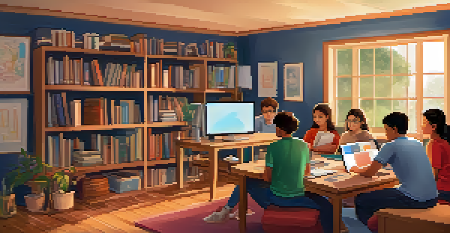 Students at home engaged in a flipped classroom model, watching a video lecture on their laptops in a cozy living room.