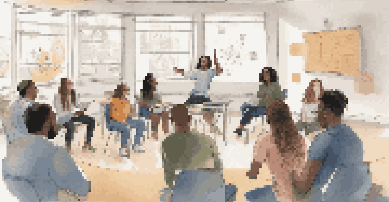 A group of diverse students sitting in a circle discussing podcast content in a bright classroom.