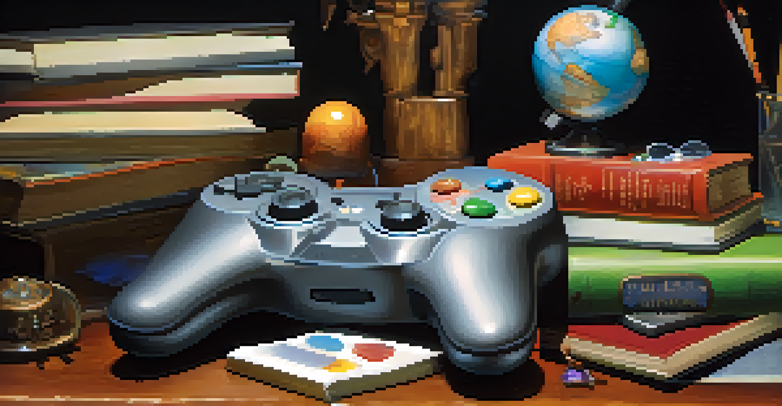 A close-up of a game controller surrounded by educational symbols such as a globe and books, representing the fusion of gaming and learning.