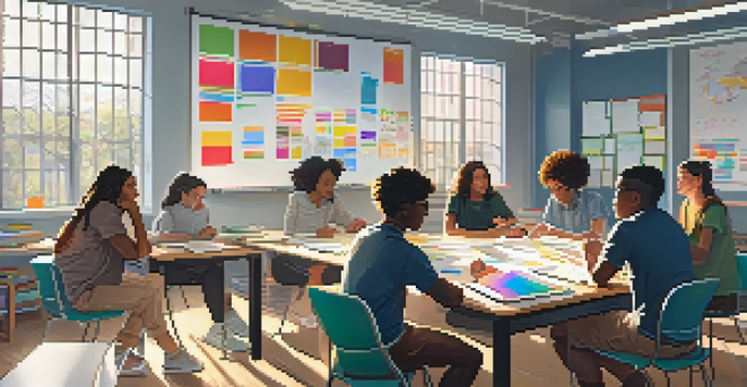 A group of diverse students working together in a classroom on a project, surrounded by charts and laptops, with sunlight coming through the windows.