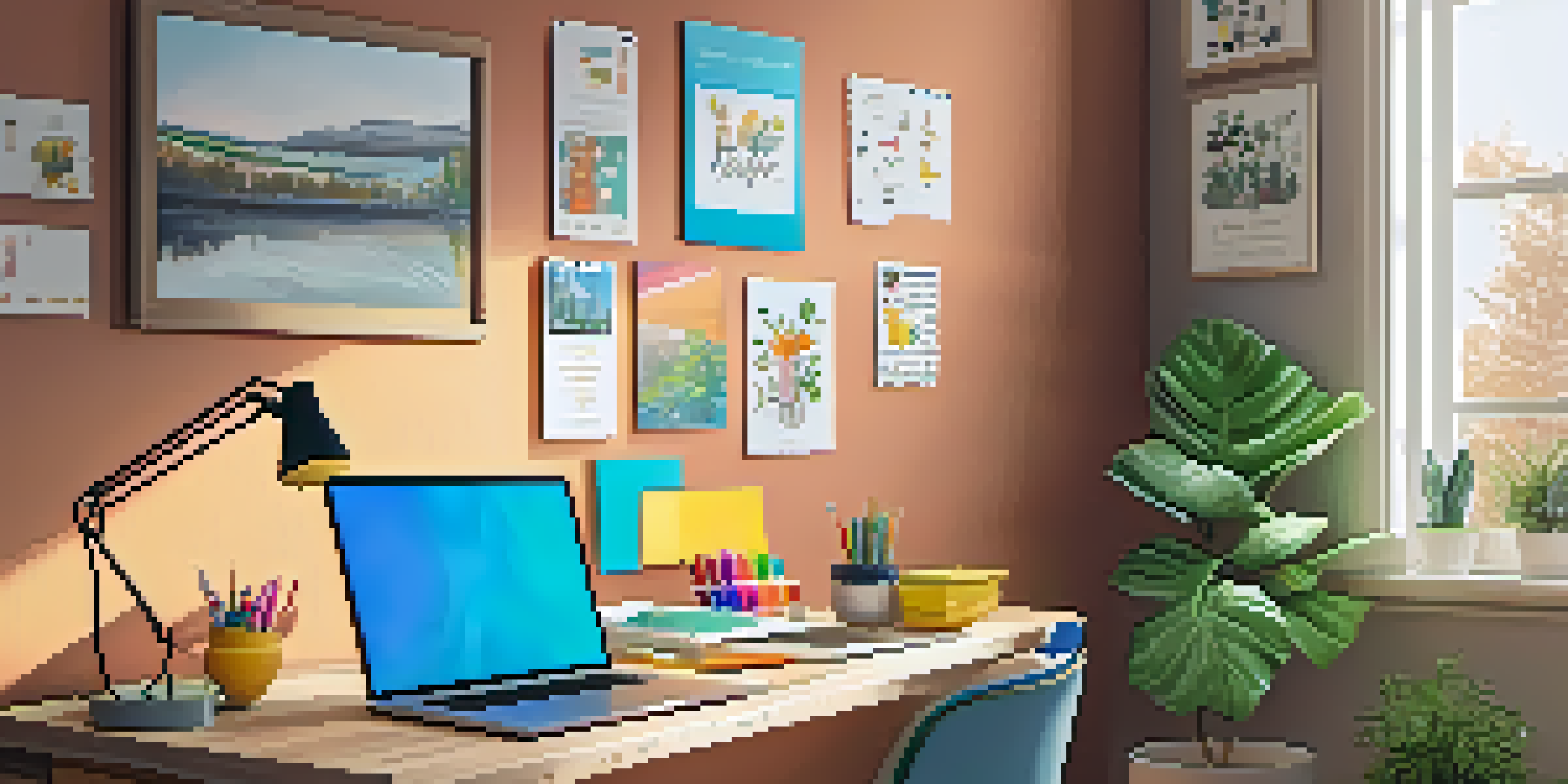A warm and inviting home study area with a desk, laptop, and educational posters, illuminated by natural light.
