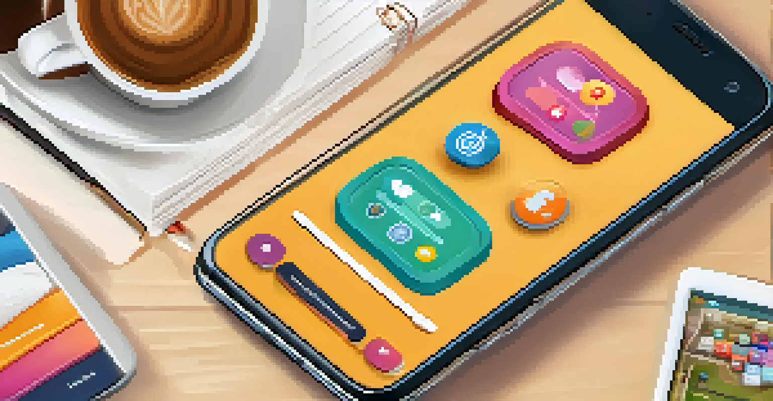 A smartphone showing a gamified microlearning app with colorful elements on a desk with a coffee cup.