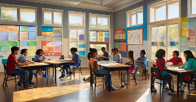 A lively classroom with a teacher and diverse students collaborating on a learning activity, surrounded by colorful educational posters and sunlight streaming in.
