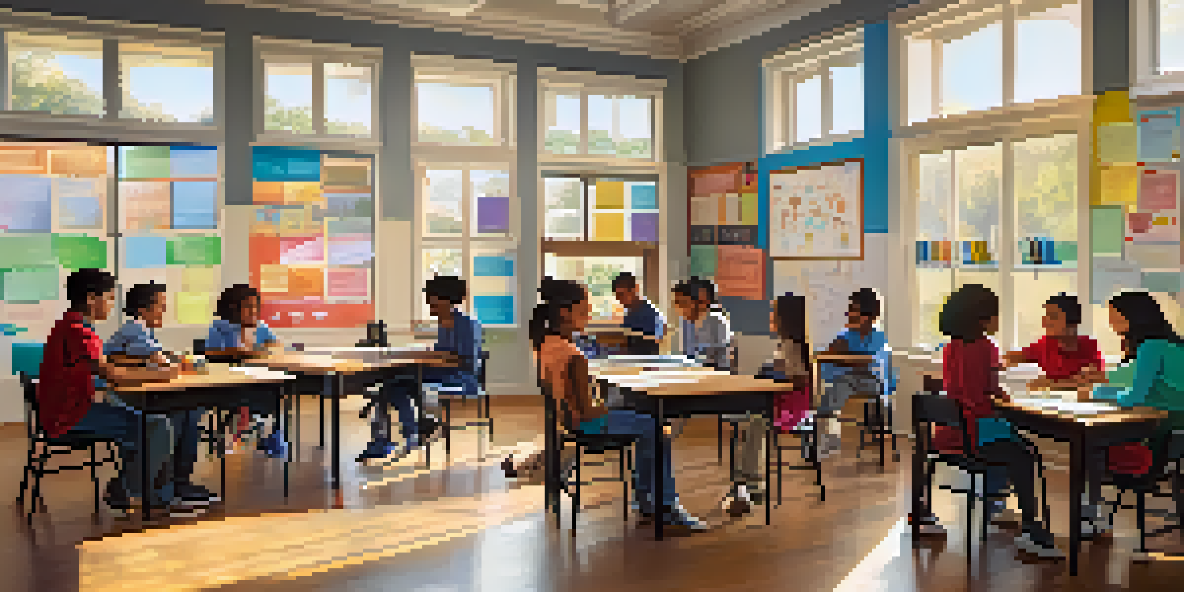 A lively classroom with a teacher and diverse students collaborating on a learning activity, surrounded by colorful educational posters and sunlight streaming in.