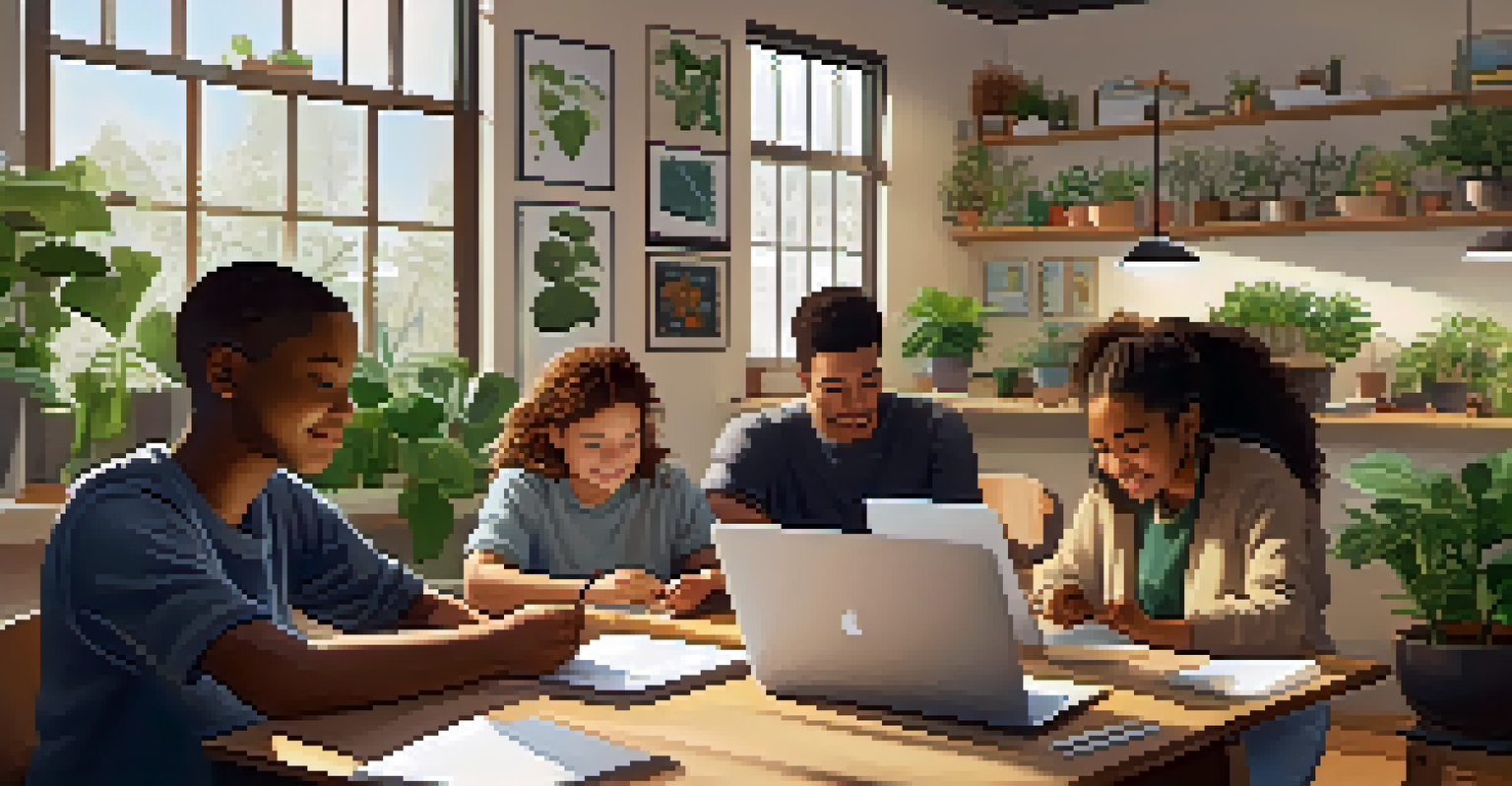 An online classroom with learners of various backgrounds engaging with visual tools on their devices in a cozy setting.
