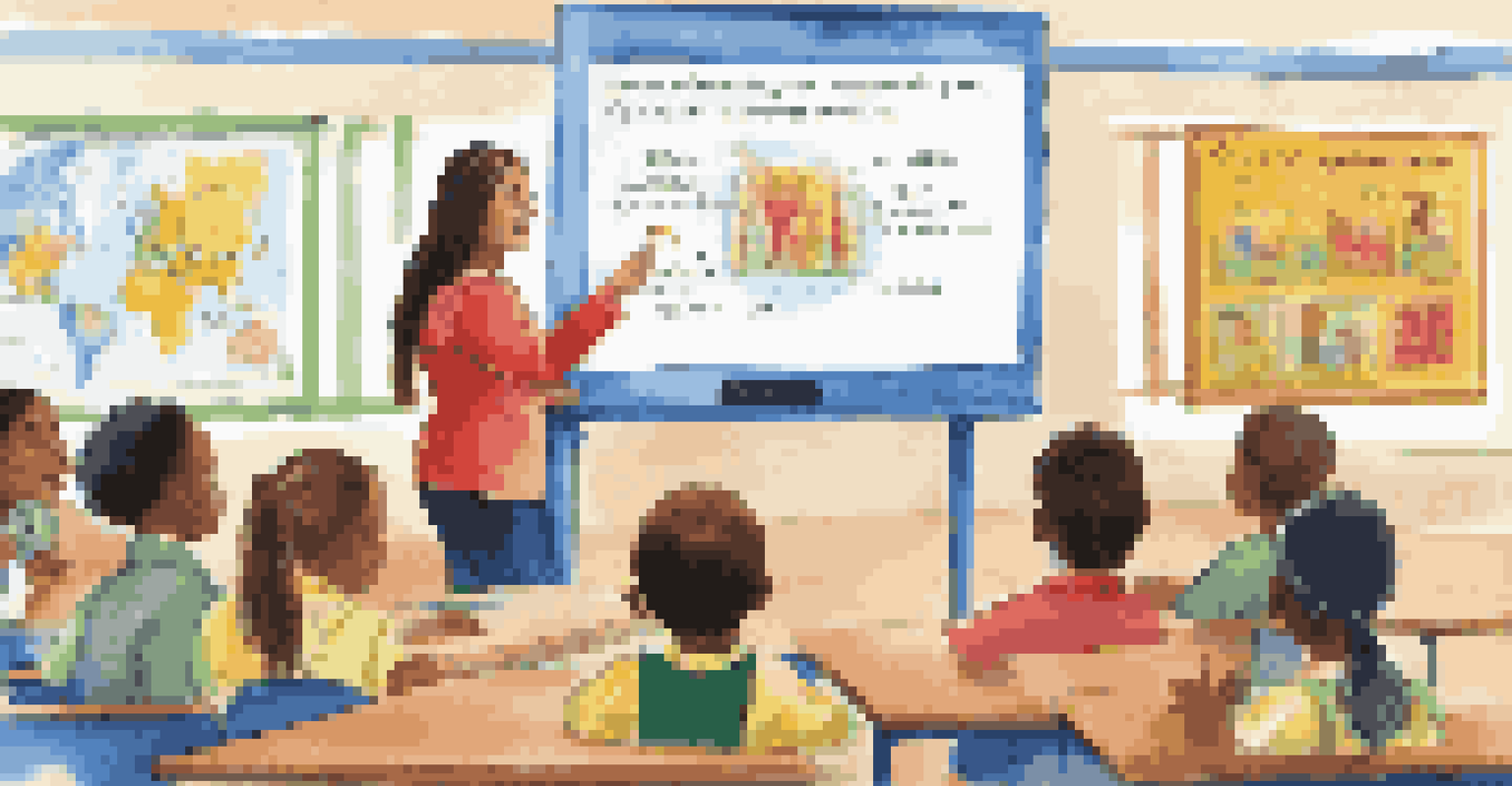 A teacher engaging students with a multimedia lesson on an interactive whiteboard in a colorful classroom.