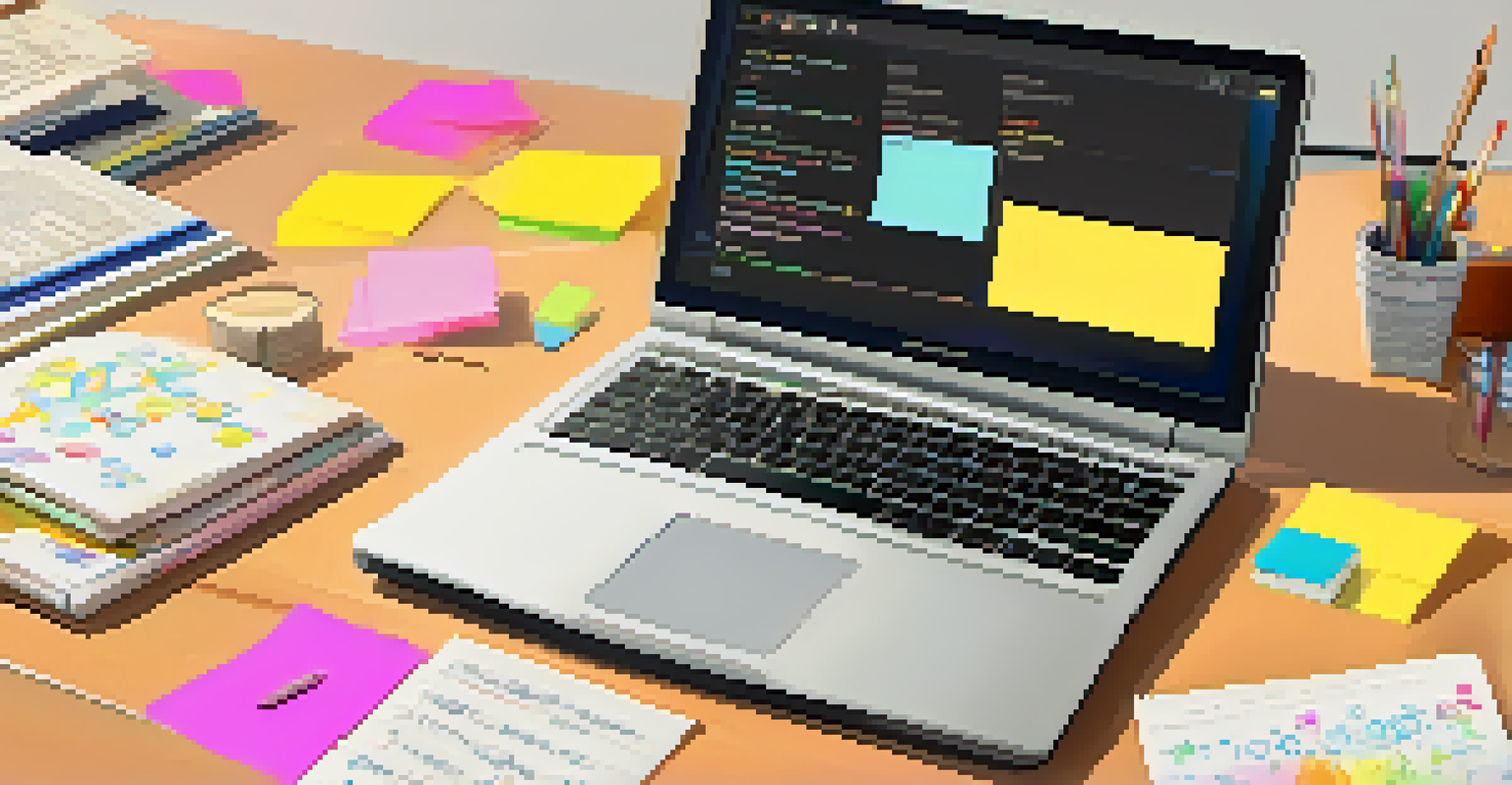 A close-up of a student's hands typing on a laptop surrounded by textbooks and sticky notes.