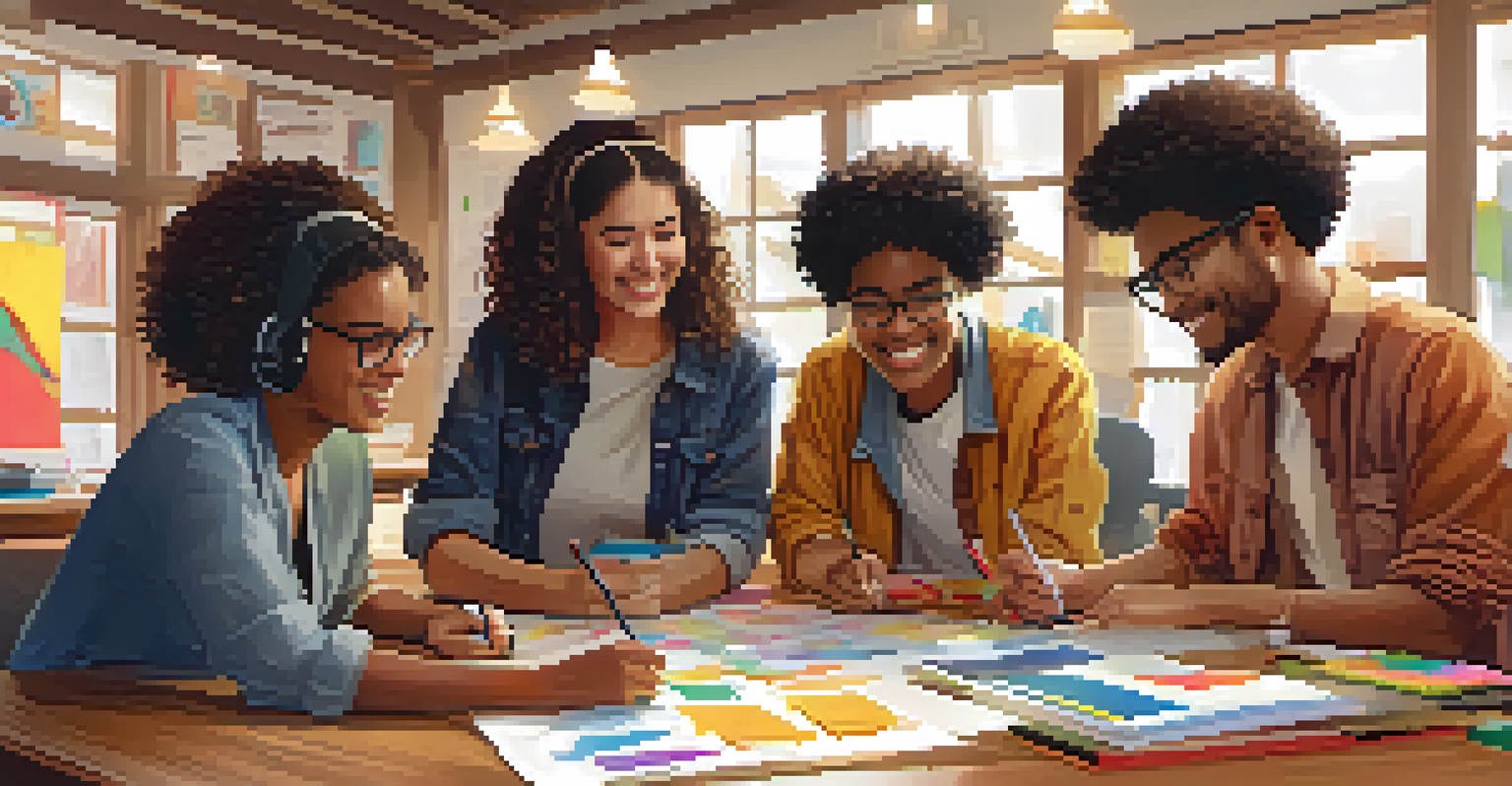 A group of students of various backgrounds working together on a project, illustrating teamwork and collaboration in a vibrant setting.